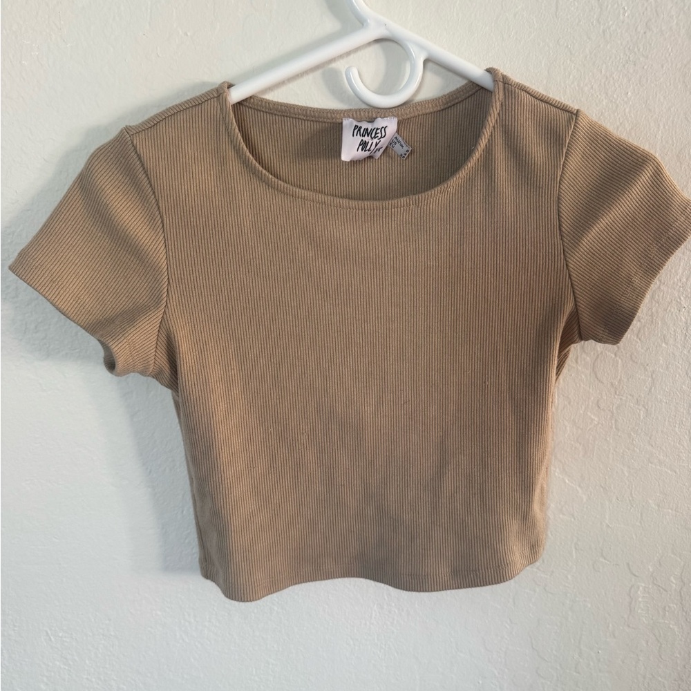 Princess Polly Beige Ribbed crop Top